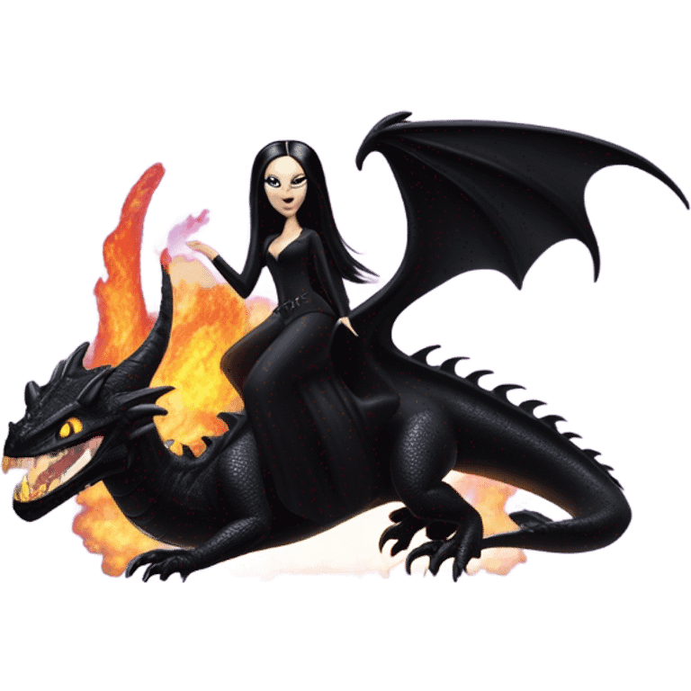 empowered beautifully dressed teen Morticia Addams Malibu Beach Barbie Jedi flying/riding on the back of a very large black shiny evil-looking fire-spewing horned dragon. proper scale emoji