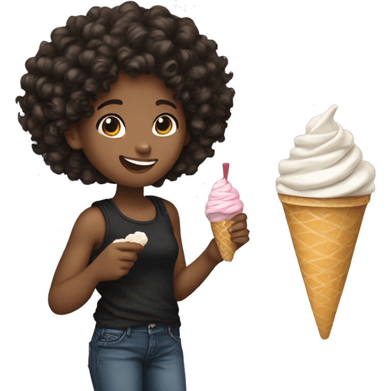 A 13 year old girl dark brown hair (curly), wearing a black tank top and jeans, eating an icecream emoji