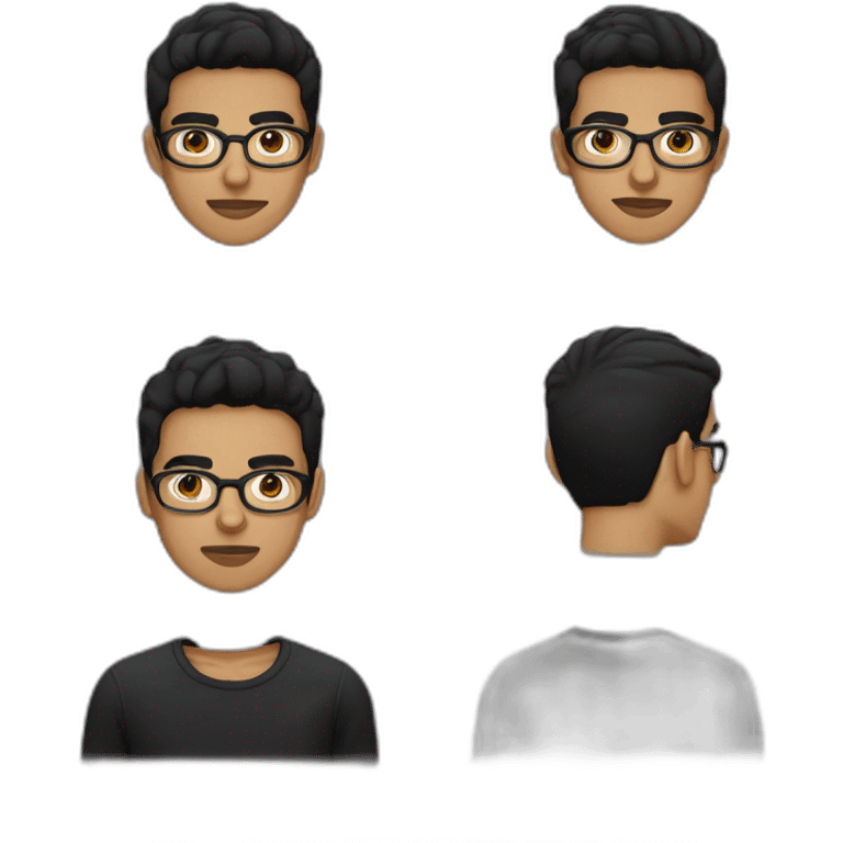 a light skin Pakistani teenager, wearing round glasses, short moustache, black hair, black jumper/sweater, structured manly face emoji