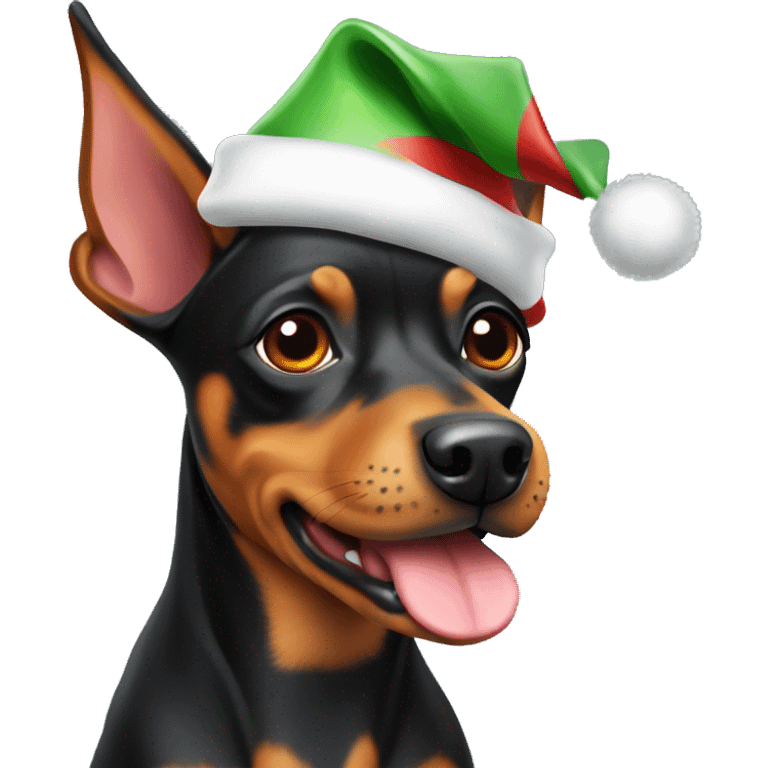 A pinscher dog with a Christmas hat emoji