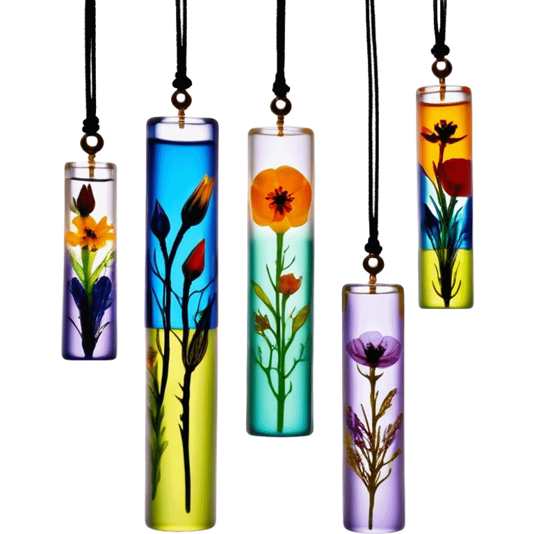 Create an icon that represents decorative arts using epoxy resin in tubes. The design should feature colorful tubes of resin, including fluorescent resin tubes, with visible drops or strokes of resin being applied to create intricate designs. Include finished resin jewelry pieces, such as pendants or rings, containing preserved flowers and insects encased in clear resin. The composition should feel vibrant, artistic, and delicate, showcasing the unique beauty of resin art with natural elements. The background should be transparent emoji