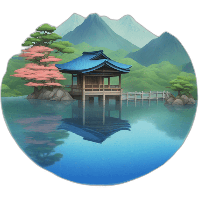 Small Japanese house with a blue tiled roof and a torii gate on an island a lake emoji