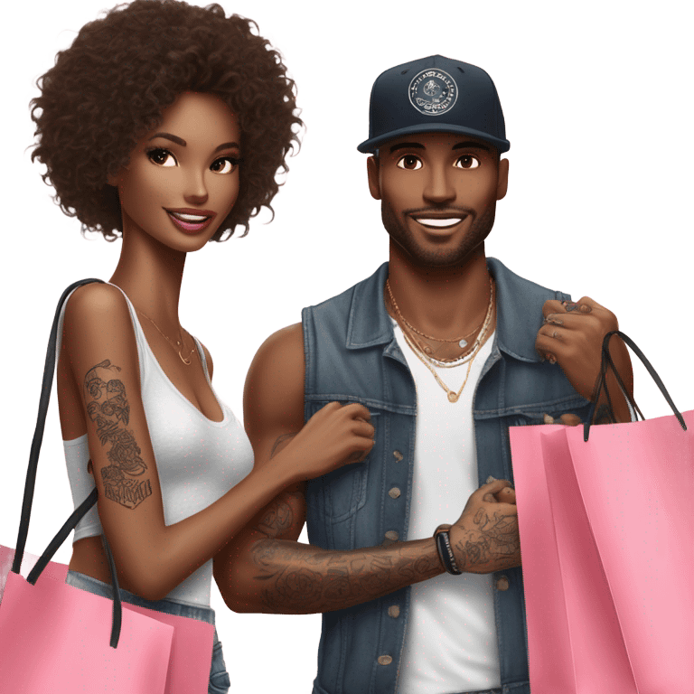 Photo of Victoria secret model shopping with a tattooed male model carrying bags emoji