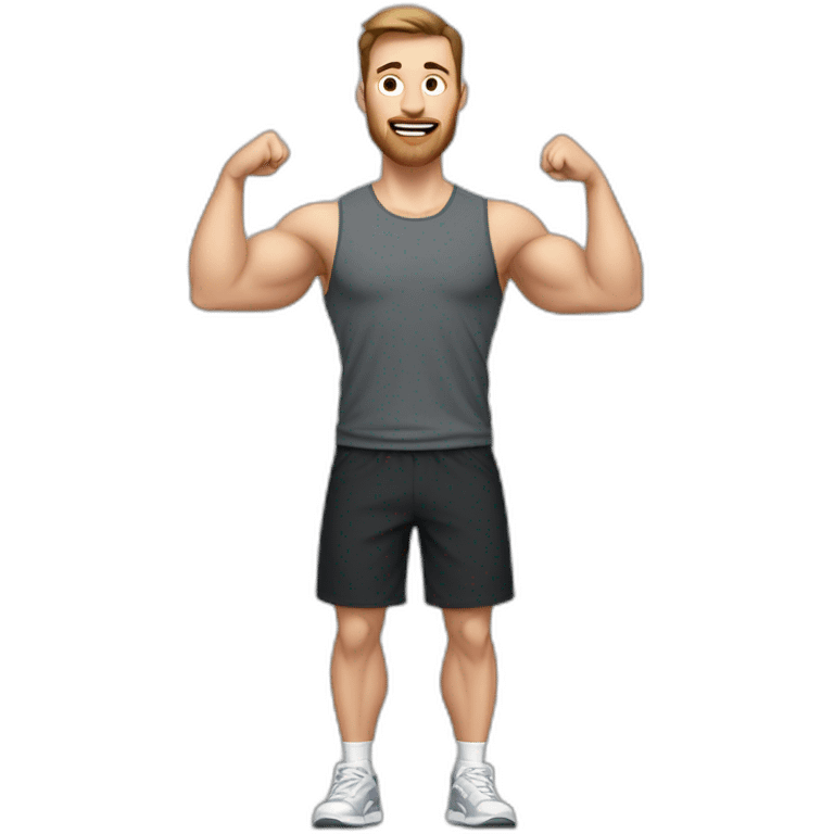 Full height Actively gesturing with hands Pale skinned Fit Man With the biceps and brown hair in dark gray Sleeveless Mike, black oversize sports shorts, watch and white Sneakers emoji