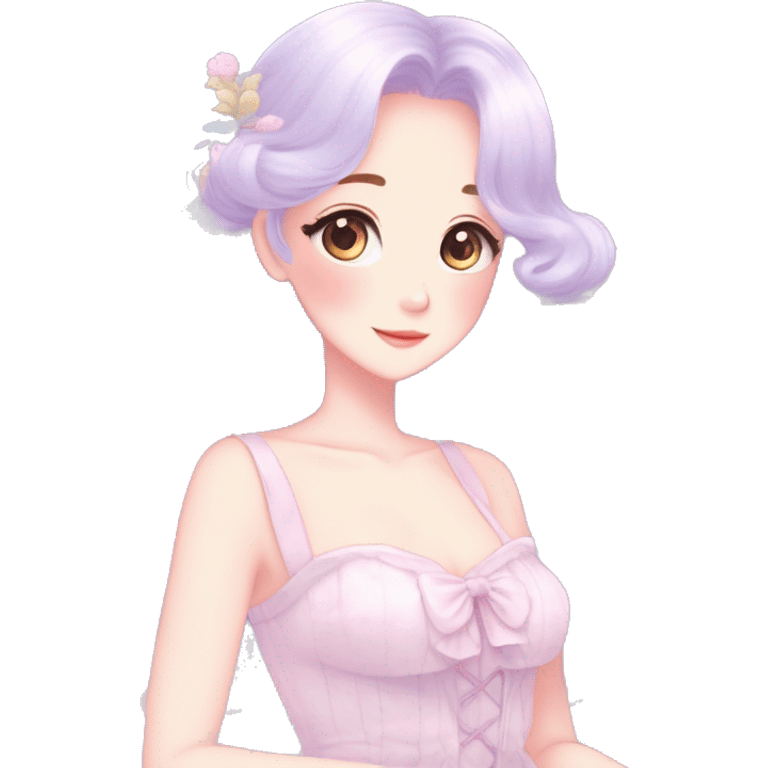 Gorgeous pastel anime style lady with blushing face and a dress cottagecore fairycore pastelcore colorful pearly romantic simplistic aesthetic trending style emoji