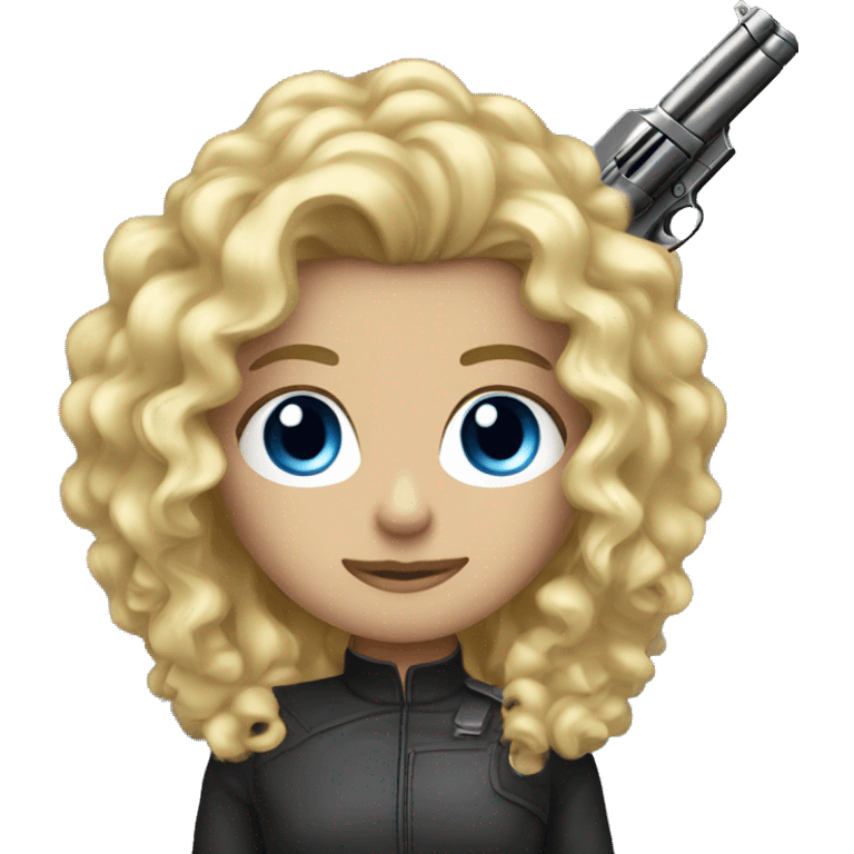 blonde curly hair blue eyes with shot gun emoji