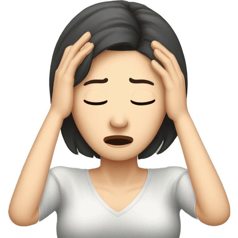 Headache, middle-aged Korean woman in her 40s, with one hand on her head, painful face emoji