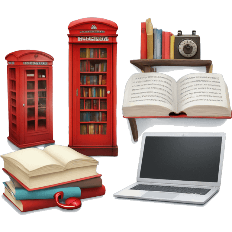 Laptop, books and small red telephone box  emoji