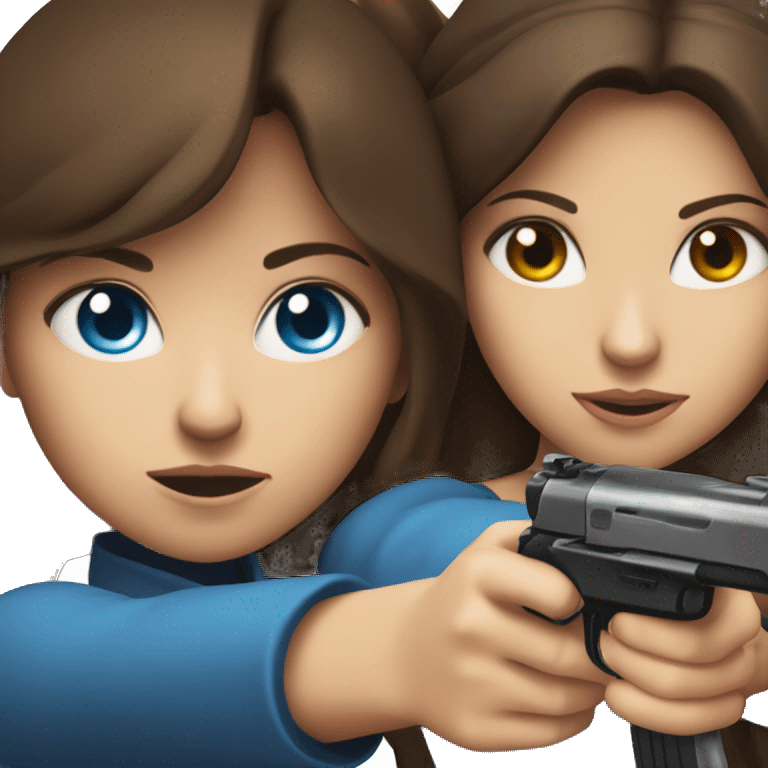 Blue-eyed brunette taking aim with a brown-eyed brunette emoji