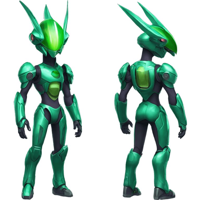 a shiny green Genesect-Raptor-Fakémon—hybrid with a futuristic visor-helmet full body emoji