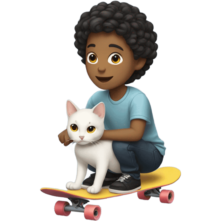 White and Asian boy with middle part on a skateboard with a cat emoji