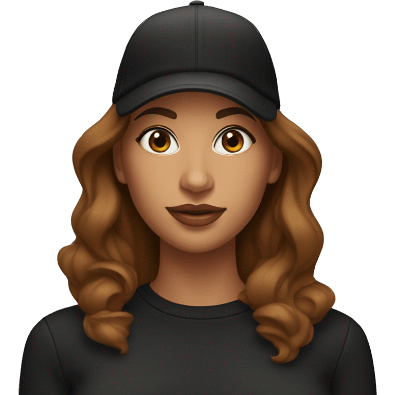 A beautiful tanned woman wearing a cap and a black sweatshirt with a cut-out on her chest, big lips, brown hair. emoji