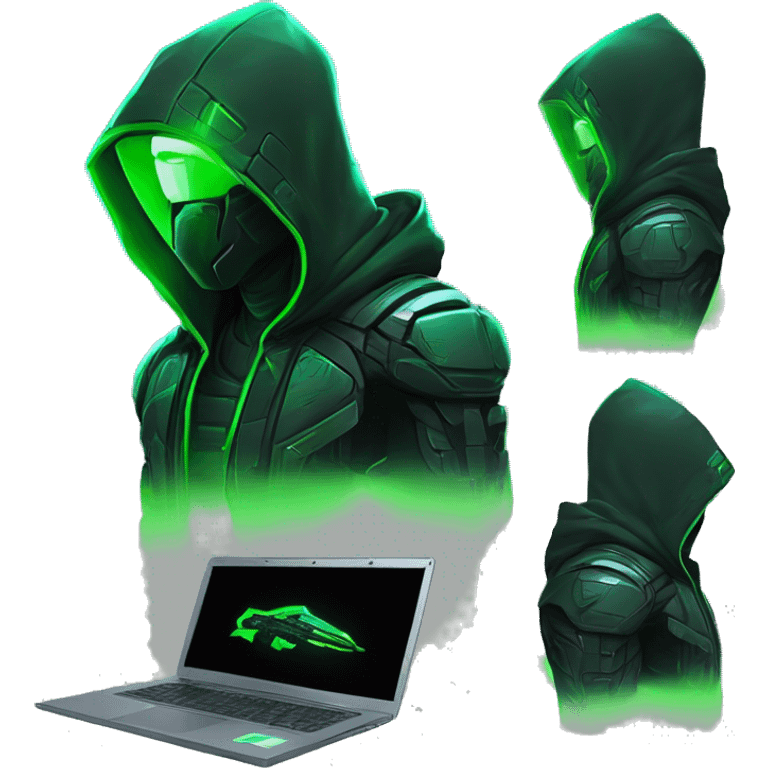 Side view developer behind his laptop with this style : crysis Cyberpunk Valorant neon glowing bright green character green black hooded assassin themed character emoji