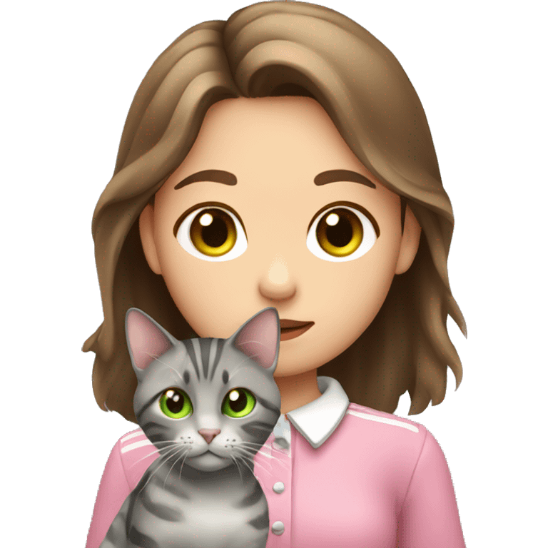 Girl with green eyes and brown hair holding her grey stripy cat that is wearing a pink collar emoji