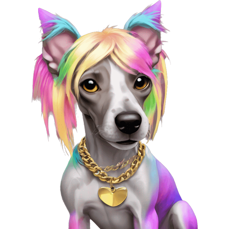 Punk Chinese crested dog neon rainbow hair gold chain punk piercings tattoos punk ear piercings emoji