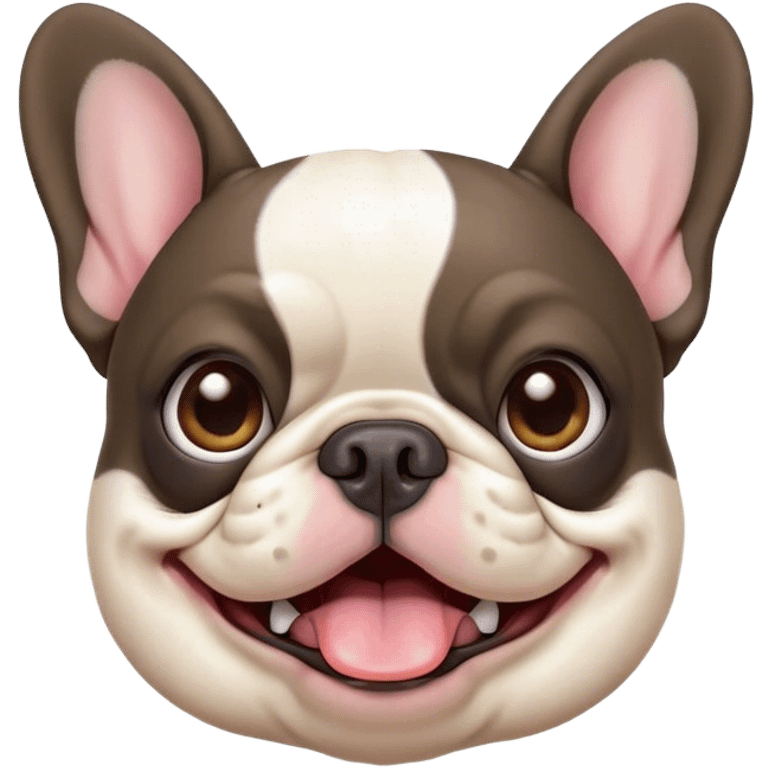 Cinematic Comical Pied French Bulldog Portrait Emoji, Head tilted with an exaggeratedly shocked, comical expression and wide, humorously expressive eyes, showcasing a distinctive pied fur of contrasting hues and a charmingly goofy face, simplified yet hilariously detailed, glowing with a sassy, playful radiance, high shine, exuding a mischievous and meme-worthy charm, styled with a soft glowing outline, capturing the essence of a Pied French Bulldog that looks ready to spark a viral laugh! emoji