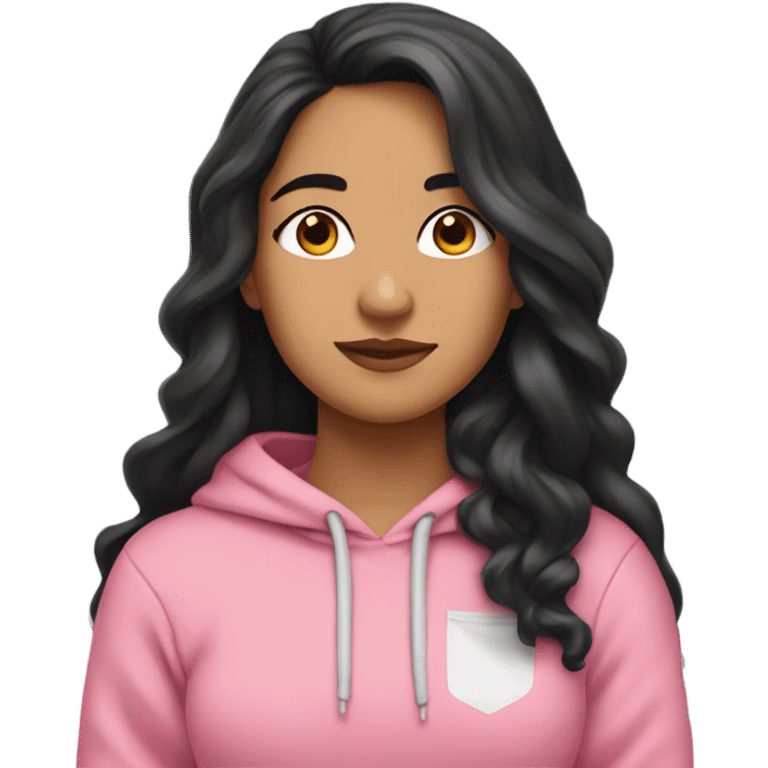 Pretty Latina girl with long black wavy hair in a pink hoodie looking down towards the left with her hands in her pocket  emoji