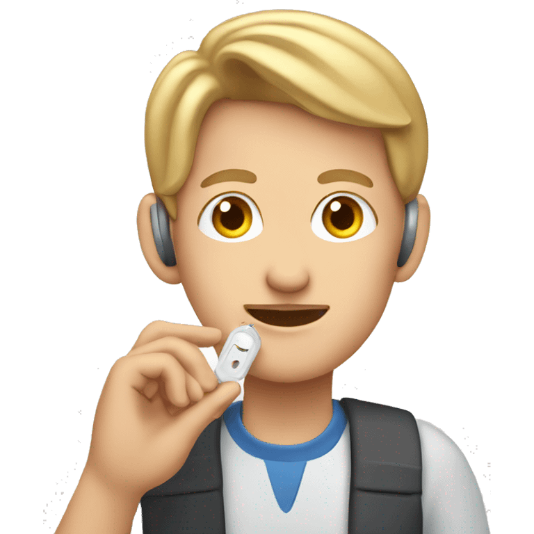 person testing hearing aid with mobile app emoji