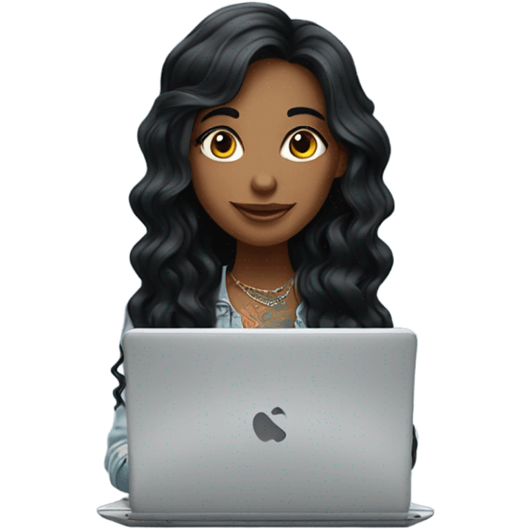 beautiful girl, with tattoos, with long black hair, wavy hair, argentin, with laptop emoji