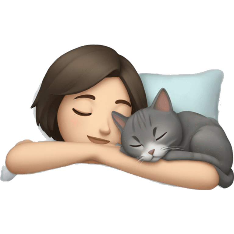 Brunette girl with short hair sleeping with grey cat  emoji