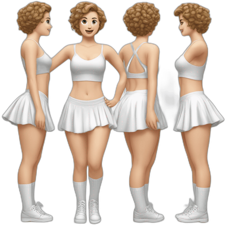 Hyperrealistic Full body Caucasian curvy beauty jumping short white skirt back and front views strong wind knickers long white socks emoji