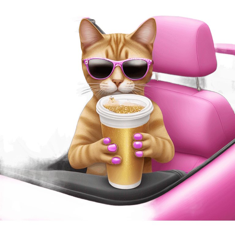 Cat with iced out jewelry and glittery sunglasses sipping on an iced coffee in a pink convertible emoji