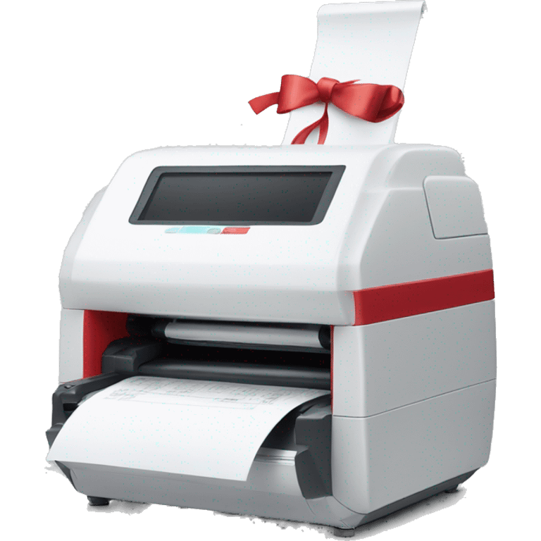 White scanner machine with a red bow emoji