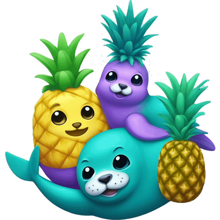 teal-colored seal and purple-colored pineapple emoji