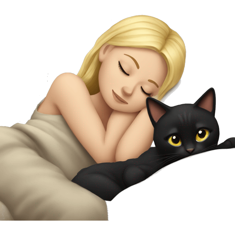 Blonde girl sleeping with black cat on bed emoji