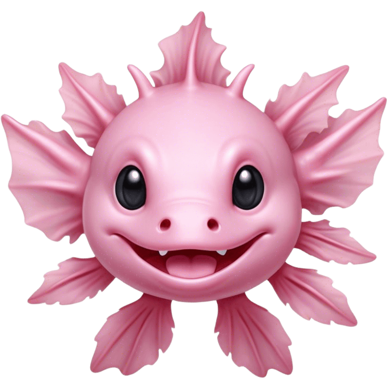 Cinematic Comical Axolotl Portrait Emoji, Head tilted dramatically with an exaggeratedly amused expression, featuring smooth, pale pink skin with ruffled, feathery gills and wide, expressive dark eyes filled with playful disbelief, Simplified yet hilariously expressive features, highly detailed, glowing with a slightly sassy glow, high shine, dramatic yet playful, stylized with an air of cheeky mischief, bright and endearing, soft glowing outline, capturing the essence of a spirited and over-the-top aquatic friend, so meme-worthy it feels like it could side-eye its way into internet fame instantly! emoji