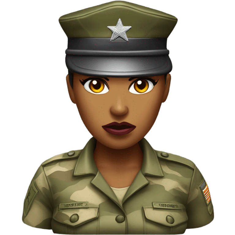 a female drill sergeant character wearing a classic sergeant hat and a camouflage army shirt. The character should have an angry intense expression. full torso emoji