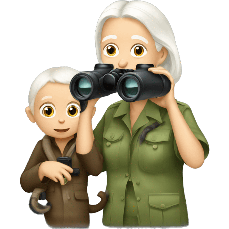 Jane Goodall with binoculars and a baby chimpanzee emoji