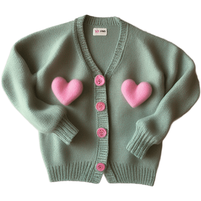 Sage oversize wool open short cardigan with pink heart buttons, isolated emoji