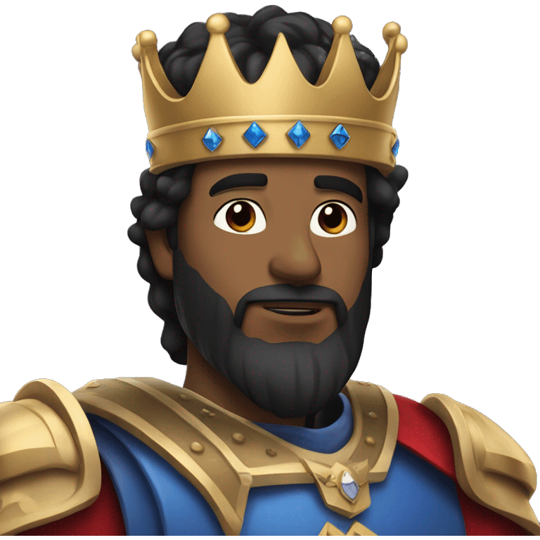 a king with a crown, wearing blue, almost purple and red armor, black hair and no beard. emoji