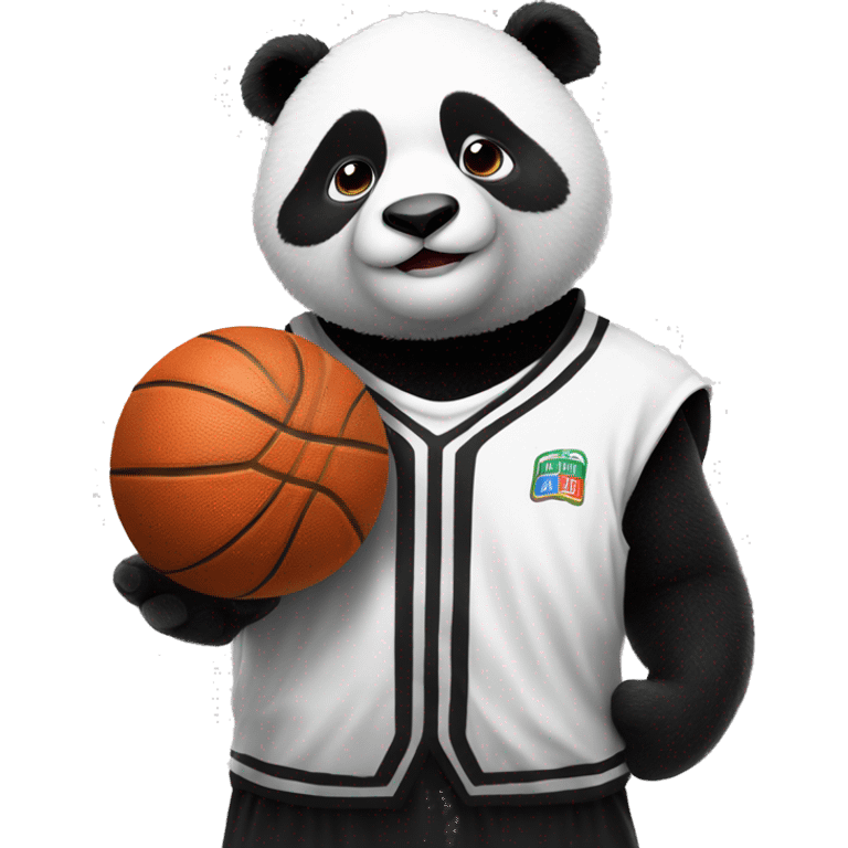 panda in black and white basketball uniform and with basketball ball in his hands  emoji