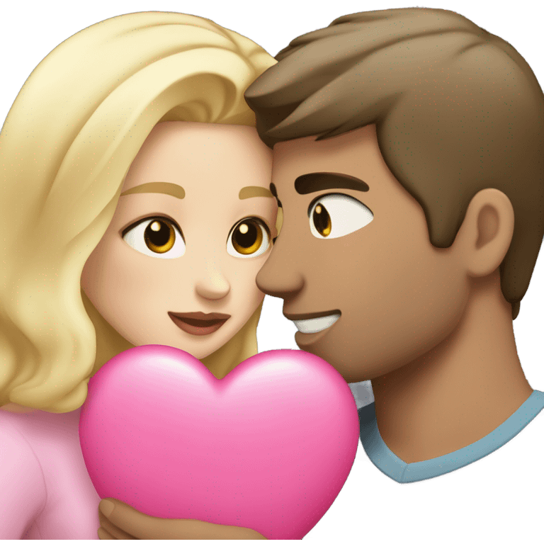 Cute white couple, blonde hair woman and man with dark hair and fair skin kissing holding a pink heart emoji