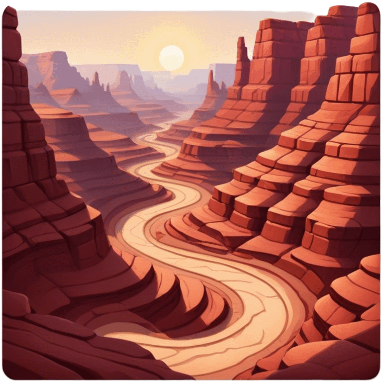 Cinematic Realistic Canyon Emoji, Vast and rugged, with deep red rock formations and winding paths leading down to a dry, dusty floor. Sunlight casts long shadows across the craggy surfaces, highlighting the layers of ancient rock. Soft glowing outline, capturing the essence of dramatic beauty and ancient history in a mighty canyon. emoji