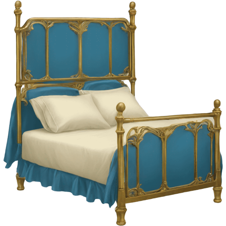 vintage bed with blue sheets and gold brass frame emoji