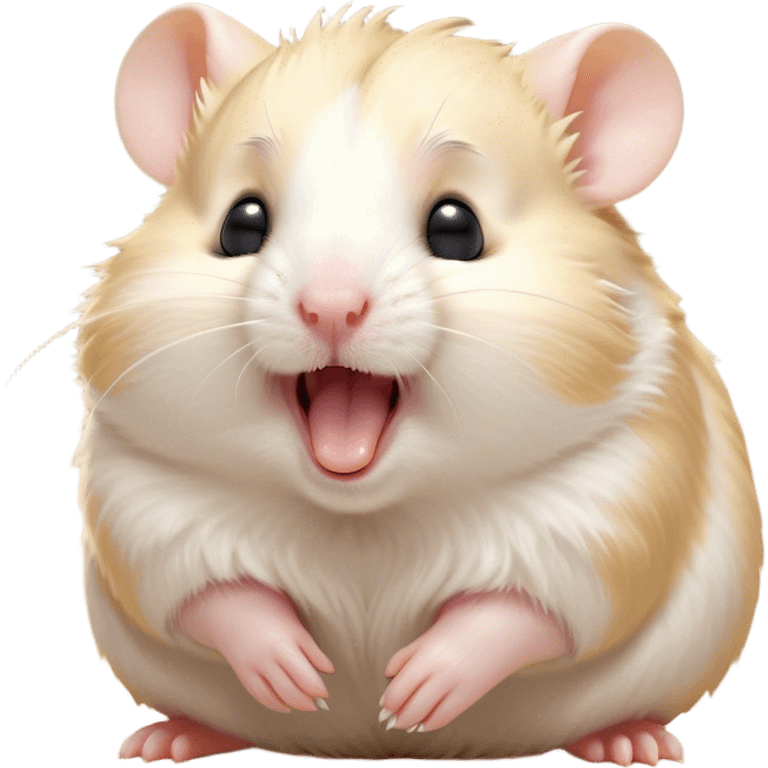 Cinematic Cute Yawning Cream Hamster Portrait Emoji, Head tilted slightly with a dramatic, wide-open yawn, showcasing a soft, pristine cream fur with tiny droopy ears, round dark eyes barely open in drowsy contentment, Simplified yet irresistibly adorable features, highly detailed, glowing with a soft, cozy glow, high shine, relaxed yet expressive, stylized with a touch of whimsy, bright and endearing, soft glowing outline, capturing the essence of a sleepy yet affectionate hamster, so drowsy it feels like it could stretch out of the screen and curl up for a nap! emoji