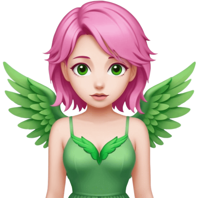 pink fairy with pink hair and pink wings in green dress love love love emoji