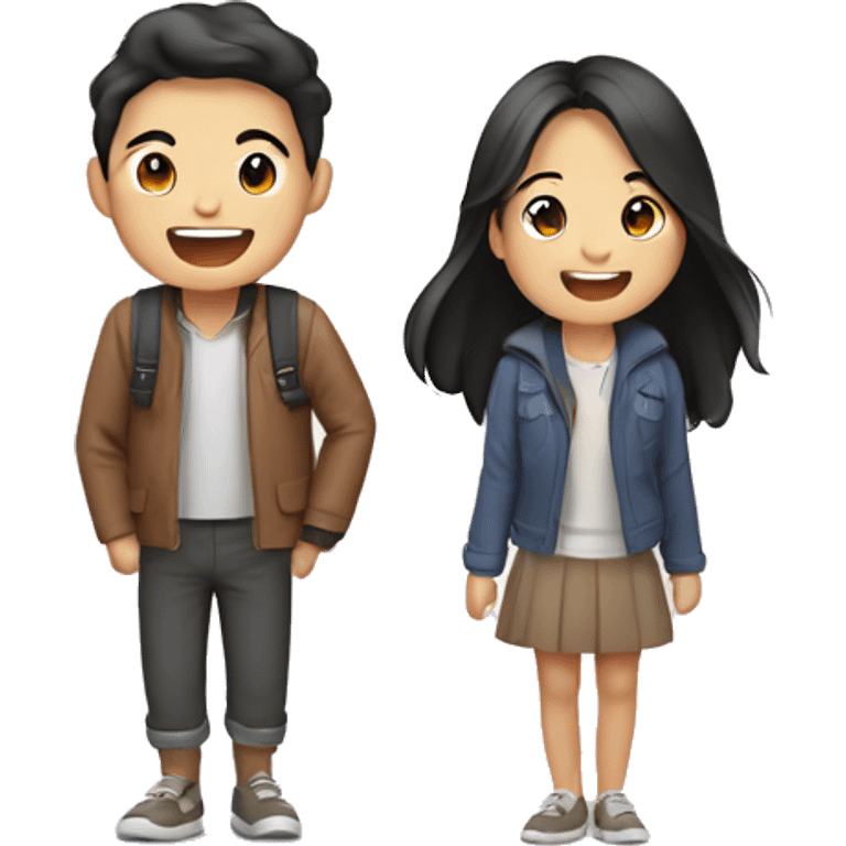 Cute Asian couple (girl with wavy long hair guy with short straight hair) excitedly traveling  emoji