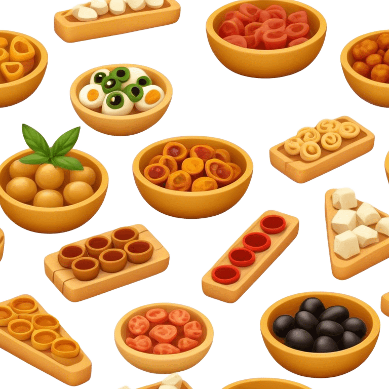 Cinematic Realistic Tapas Dish Emoji, depicted as an assortment of small, flavorful Spanish appetizers rendered with vibrant detail and warm, inviting lighting. emoji