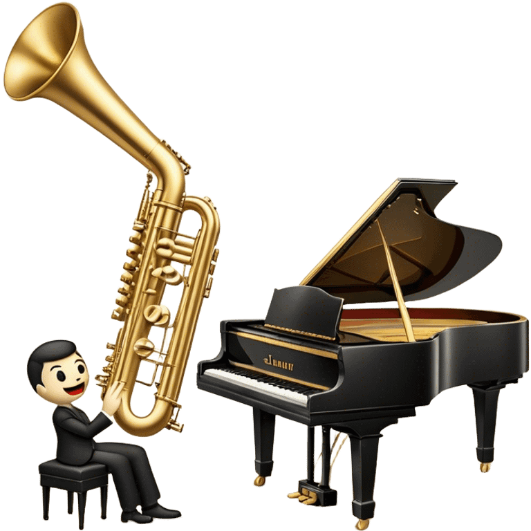 Create an elegant and vintage-inspired emoji representing jazz vocal performance with a classic jazz microphone, a grand piano, and a Selmer Model 19 trumpet resting on top of the piano. The design should feature a sleek, vintage microphone (like those from the 1940s) with a glossy, metallic finish. The piano should be depicted with a shiny black finish, and the trumpet should have a polished, golden look, resting gracefully on the piano keys. Add subtle musical notes or a soft soundwave to suggest the flow of music. Use rich, deep colors like gold, black, and silver to evoke the timeless, classy vibe of jazz. The background should be transparent. emoji