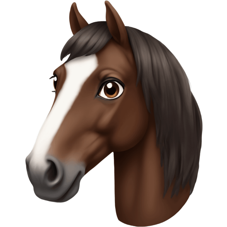 bay horse with white nose, with chocolate hair girl, portrait emoji