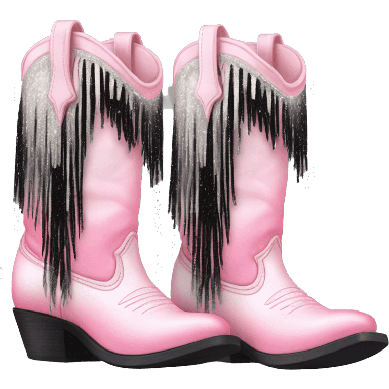 Realistic pastel pink to black ombre pair of fashion cowgirl boots with sparkly shiny glitter fringe on them. emoji