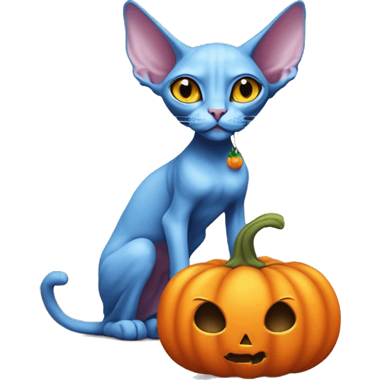 blue sphynx halloween cat with a pumpkin full of candies emoji