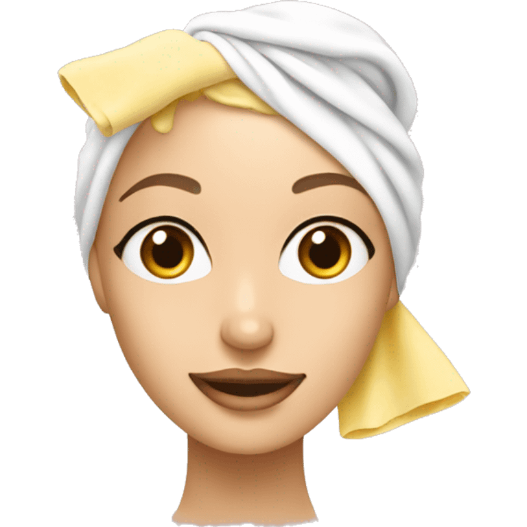 Blonde girl with a shower towel on her head with products of skincare emoji