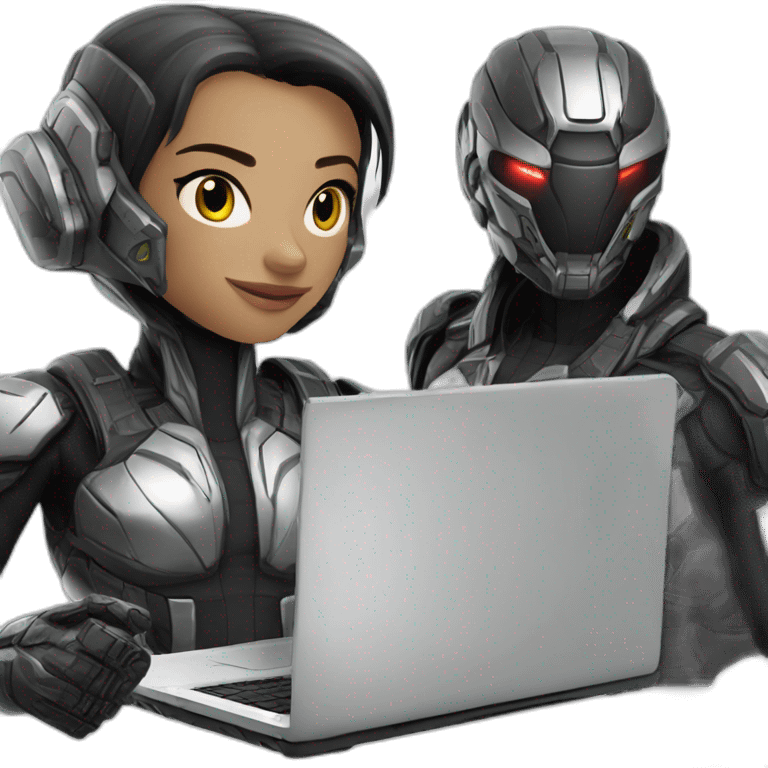 Girl developer behind his laptop with this style : Crytek Crysis Video game with nanosuit character hacker themed character emoji