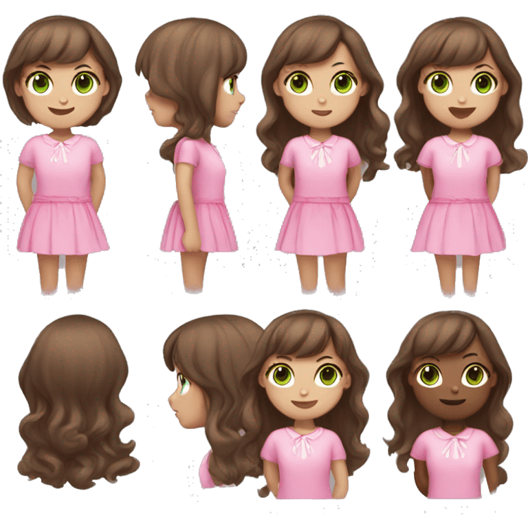 Create me Girl with brown hair and bangs with pink bow and with green eyes in pink clothes  emoji