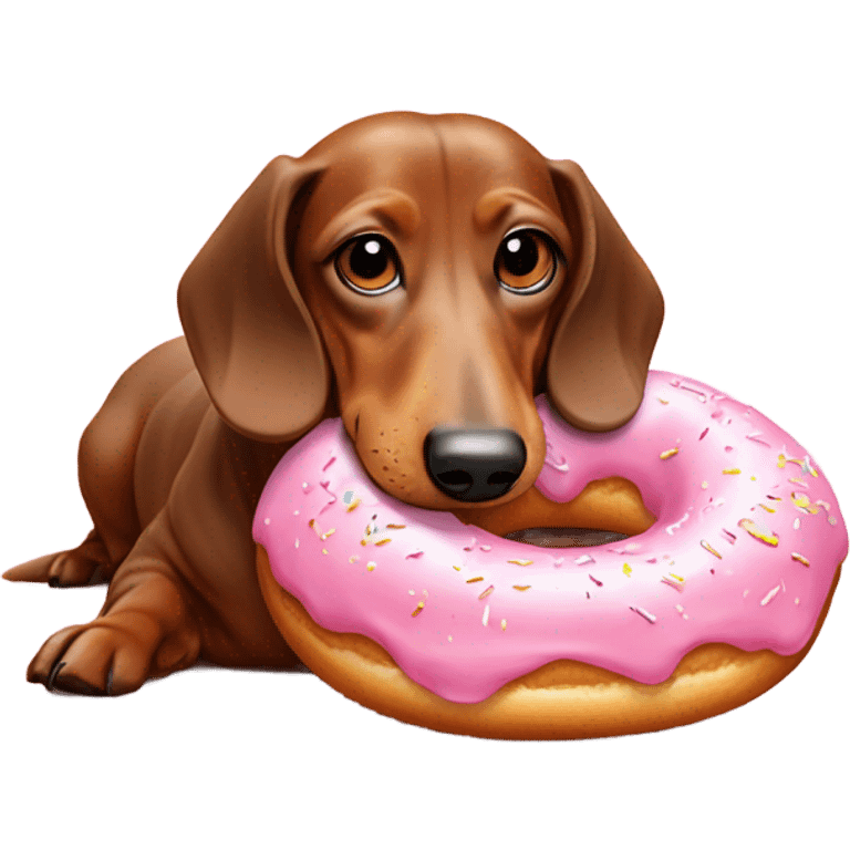 Old dachshund laying down licking a pink frosted doughnut in front of it emoji